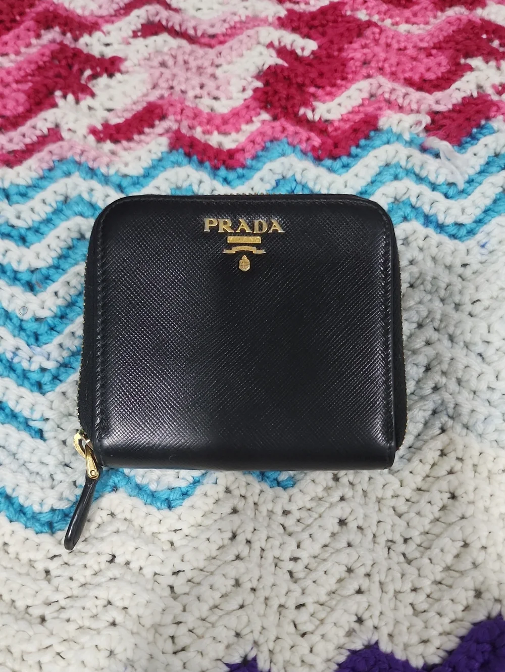 Prada Black Saffiano Leather Zip Wallet with Gold Logo